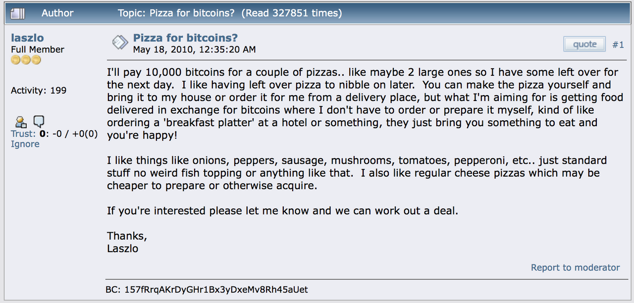 Ten Years Ago, One Man Paid 10K Bitcoin for 2 Pizzas; Now It's Worth This Much